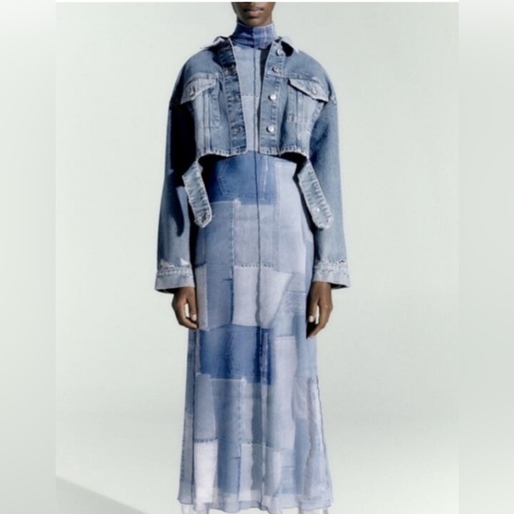 Zara Denim Print Long Sleeve Dress Size S - Picture 7 of 16